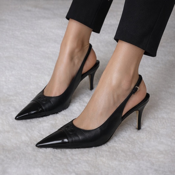 SALVATORE FERRAGAMO Black Leather Contrast Toe Pointed Slingback Heels Size 9.5 - Picture 1 of 13